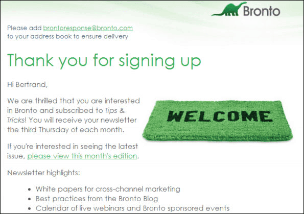 welcome email bronto