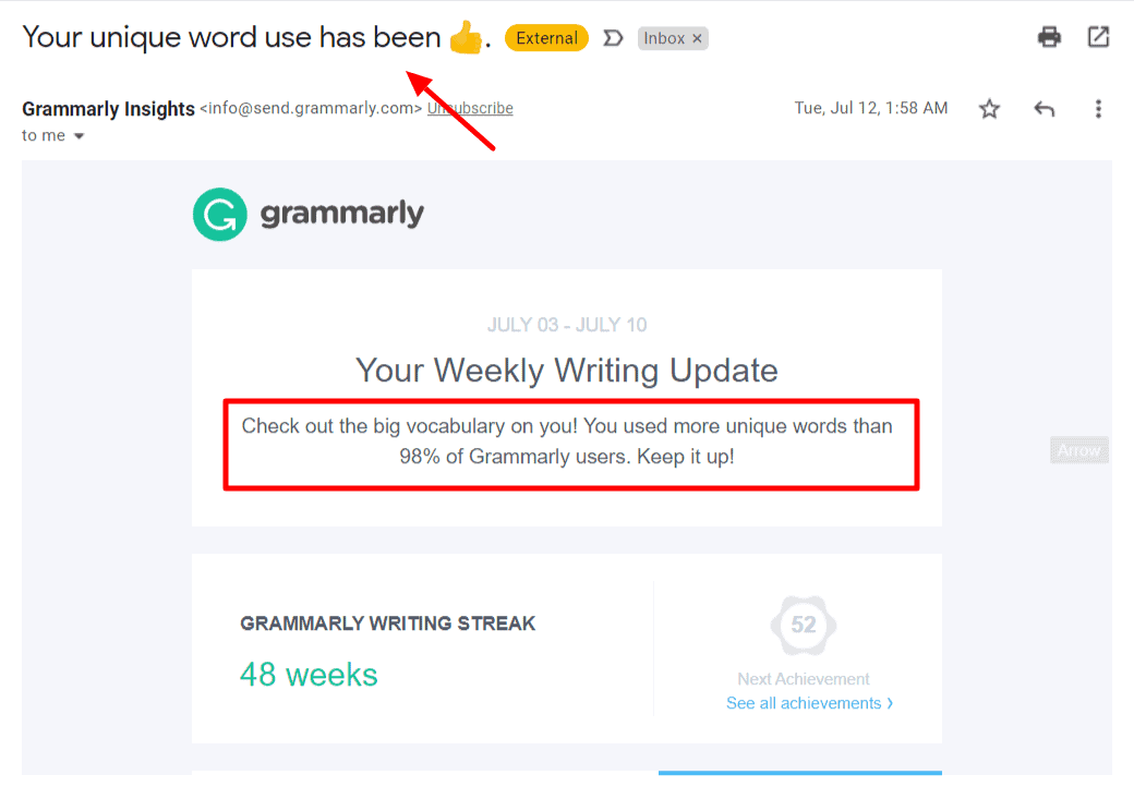 B2B email marketing example from Grammarly