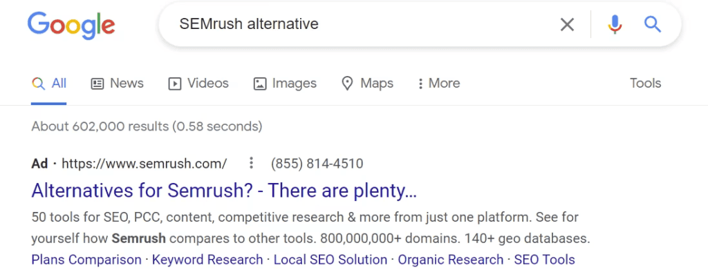 Google Ads Examples: SEMrush steals back traffic from competition 