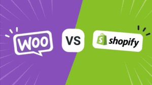 Selecting an eCommerce platform graphic showing WooCommerce vs. Shopify