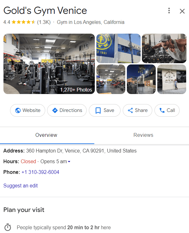 Gold's Gym Venice Google Business profile showing gym photos, location details, hours, and contact information.